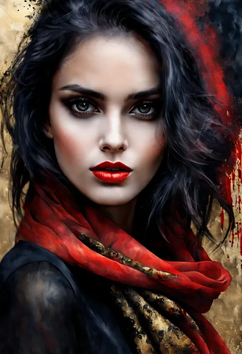 breathtaking portrait of a gorgeous girl, sultry, red scarf, dark gold and black, gossamer fabrics, jagged edges, eye-catching d...
