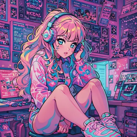 (masterpiece), best quality, expressive eyes, (perfect detailed face), ((gyaru)), neon pastel aesthetic, retro 90's, neon colors...