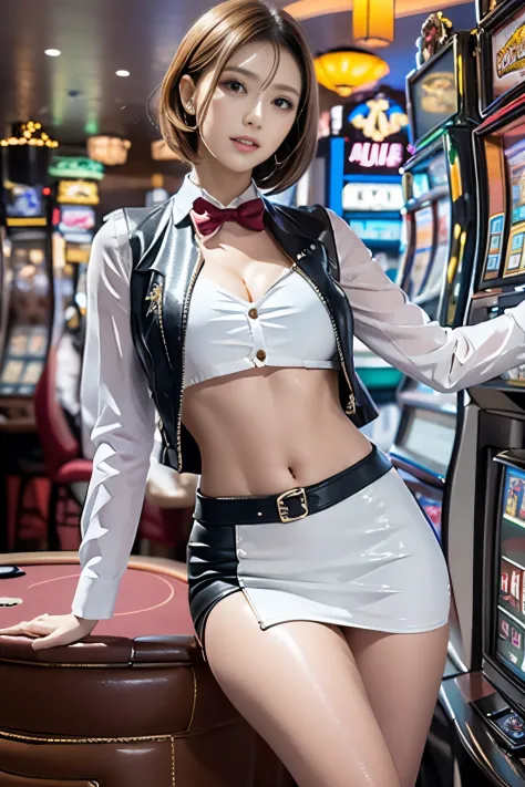 (Highest Quality, hight resolution, masutepiece:1.3) Solo, girl, Casino Dealers, Breaking green eyes, Tsurime, Pink and very sho...