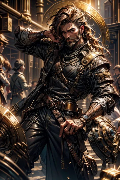 (1Mauwn:1.3) looking busy, (steampunk suite, olive skin, brown hair, deep dark eyes, wide nose, full lips, receding chin, long majestic hair and beard, grin, golden, dystopian adventure expedition monster world) (masterpiece, best quality, detailed shiny s...
