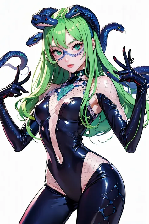 girl in a bodysuit. she is wearing a cyber style bodysuit. a girl with snakes growing out of her body. she is wearing long black...