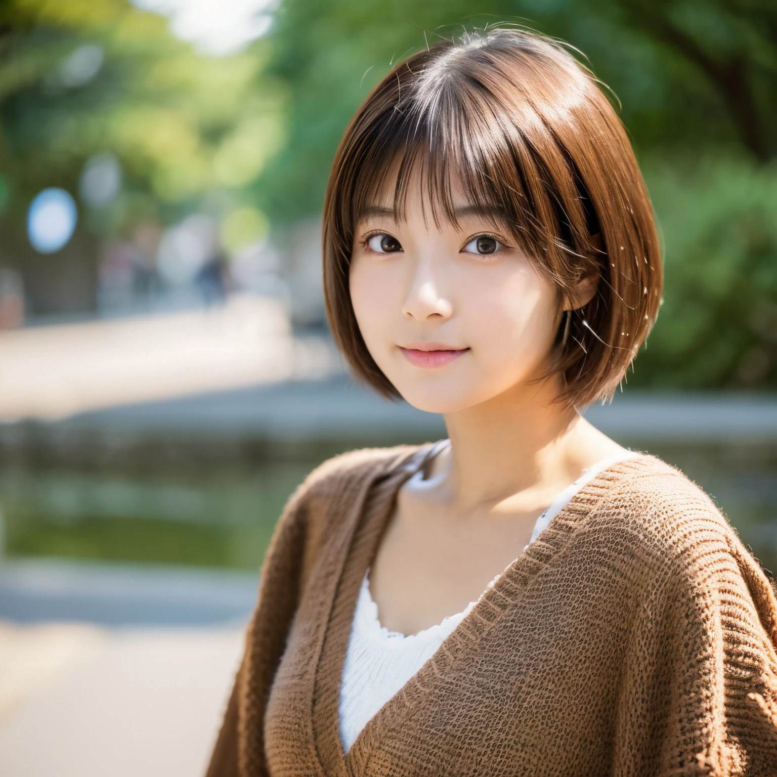 A close up of a woman with a brown sweater and a white top - SeaArt AI