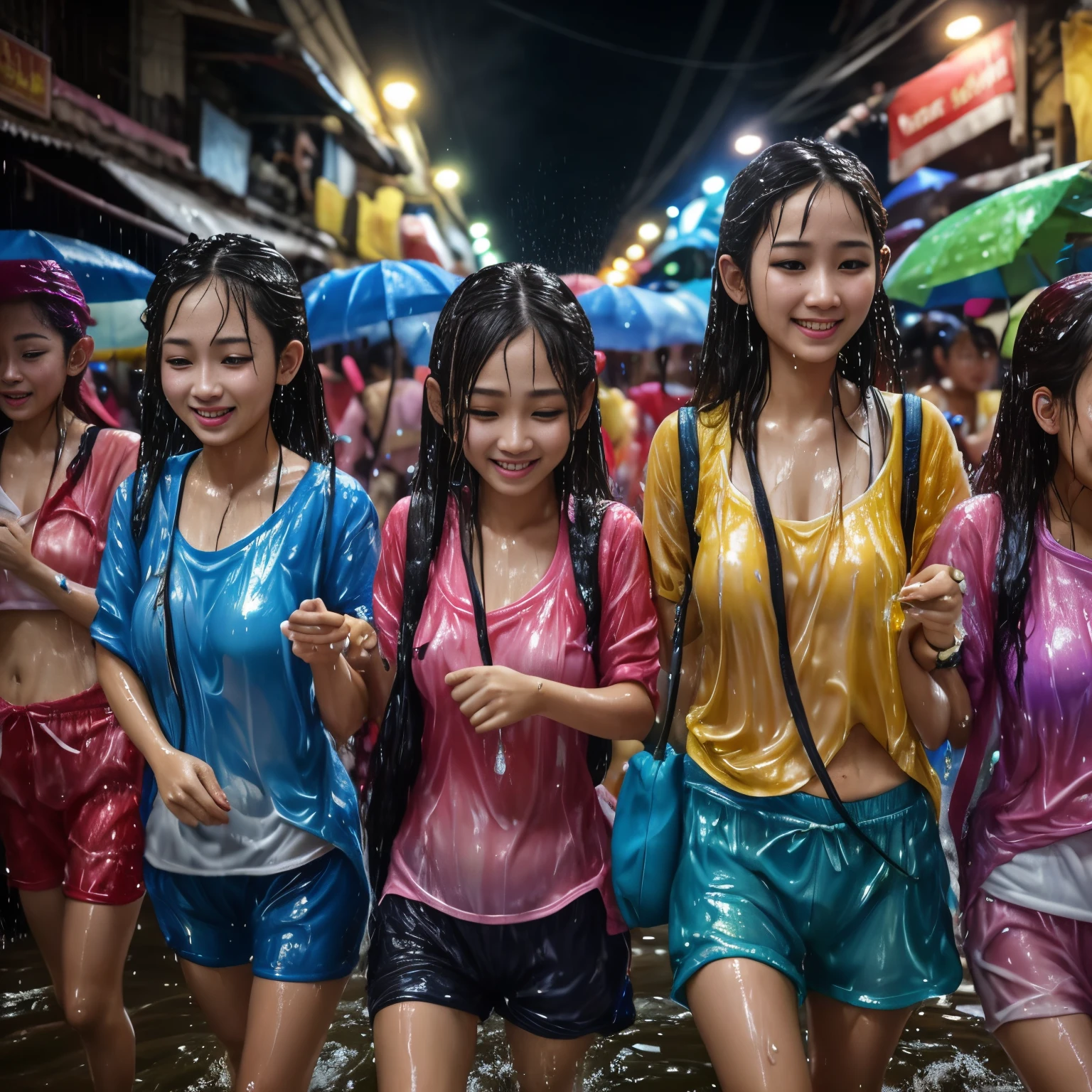 Songkran, calle mojada , chicas jóvenes empapadas, empapado, goteo, Ropa mojada, piel mojada, pelo húmedo, 8k, Obra maestra, Fotorrealista, hermoso, feliz, aferrándose a la ropa pesada