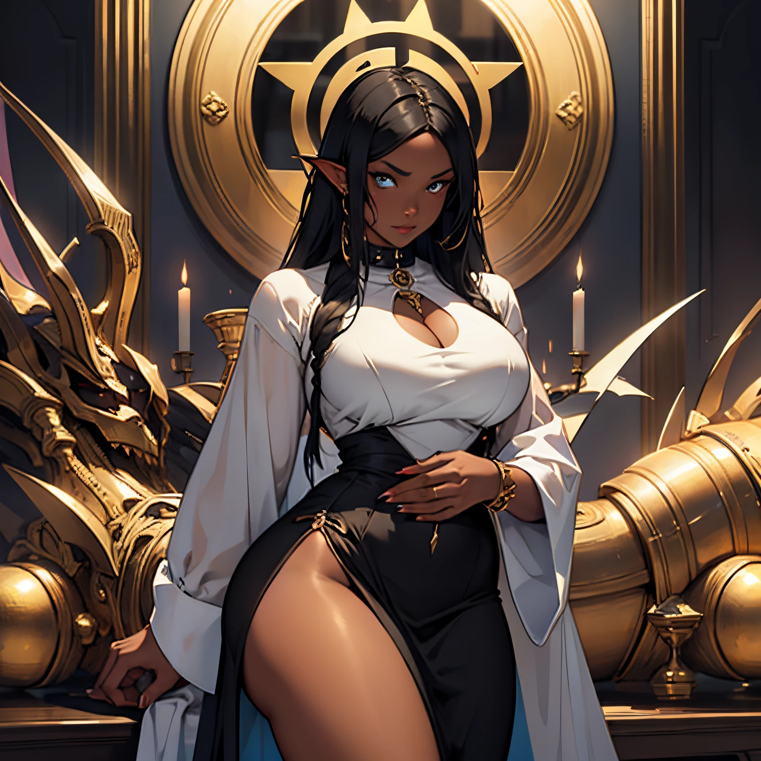 Female Ebony skinned succubus, thicc, curvy, busty, wearing dress made of gold, reflective surface, masterpiece, perfect eyes, perfect hands, solo, alone, (SOLO)(ALONE)