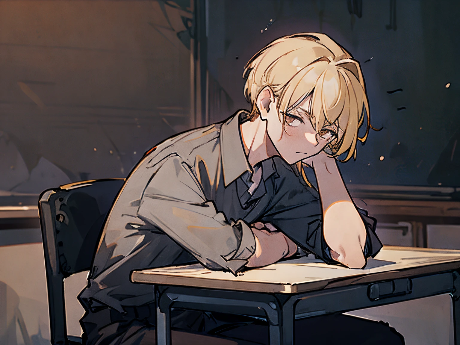 Young man sitting in a classroom, sharp jawline, dark grey button up shirt, black pants, pulled back blonde hair, brown eyes, looking down, sad, dark, grey dark sad background, 1 man, staring at nothing, classroom with no one, empty room, school, dark, sad, depressing