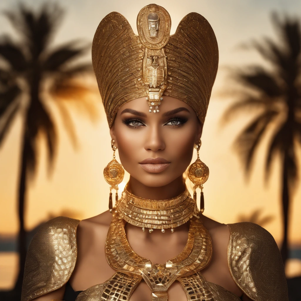 A woman in a gold outfit and headdress stands in front of palm trees -  SeaArt AI