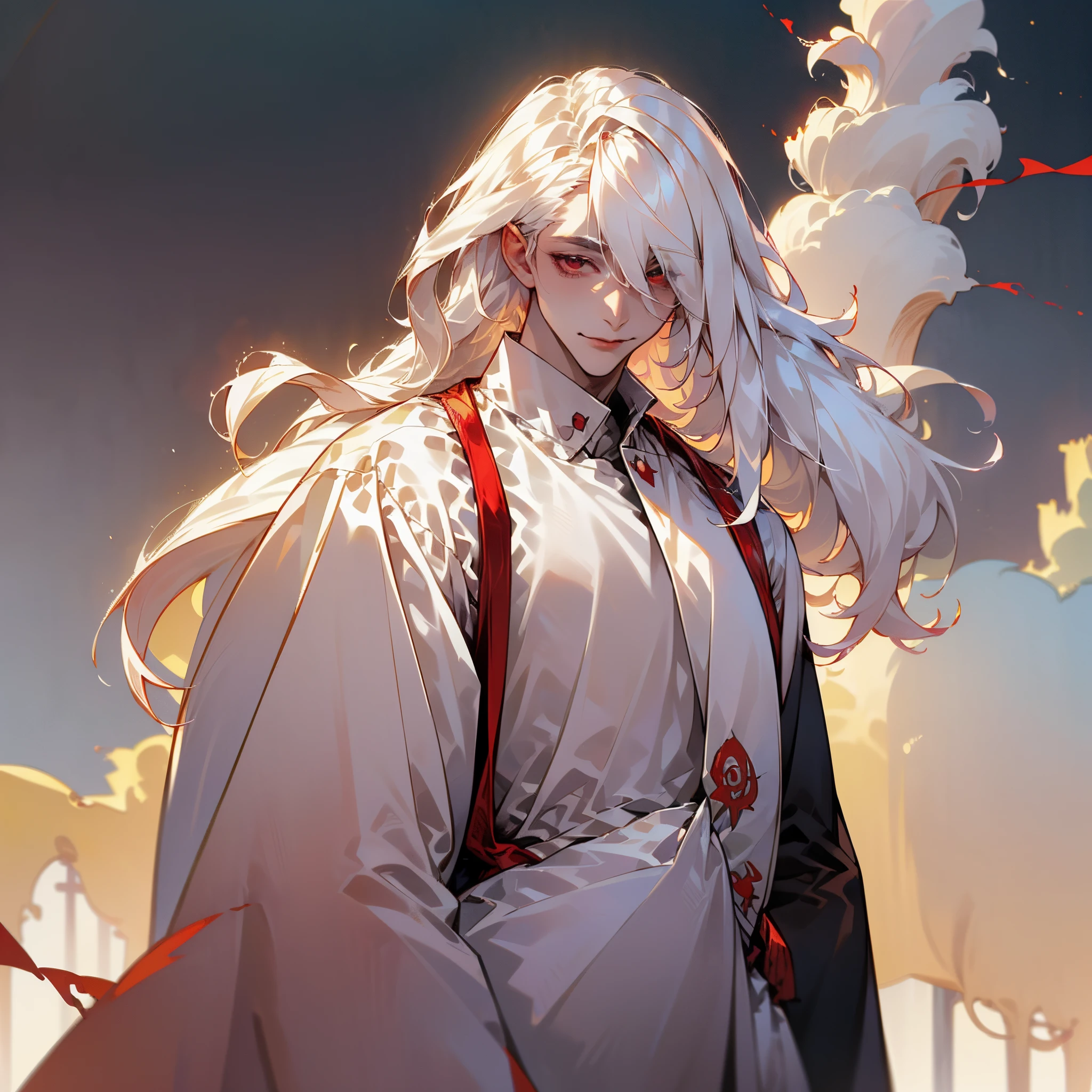 Anime - stylistic image of a man with long white hair, Man with white long hair standing in the lake and looking at the camera, ((tmasterpiece)), ((beste-Qualit, hight resolution, ultradetailed), bright colours, ((((1 male)))), Male character, grown up, tall muscular guy, wide shoulders, Strong Character, Fantasy, dnd, person, red-eyes, albino, The Albino Man, Pure White Long Hair, White long hair (hair above one eye), (big hair), white colored hair, slick hair, straight hair, Creating an atmospheric atmosphere, pale skin, macabre, Gloomy design, Has red smoke and aura, eldritch, Creepy, nightmarish, light around the head, Additional lighting, Against the background of the sky, ((fluffy clouds)), bright sunny day, light mist, in a white kimono, looks at the viewer, canny smile, smirk, muscular back, Men's Back, white-haired god, White silk garment, Gold Pattern