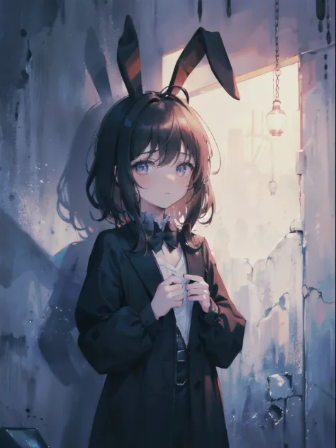 (masterpiece,best quality,ultra-detailed),1girl,pale skin,black hair,messy hair, thick hair,black clothes, small chest,bunny ear...