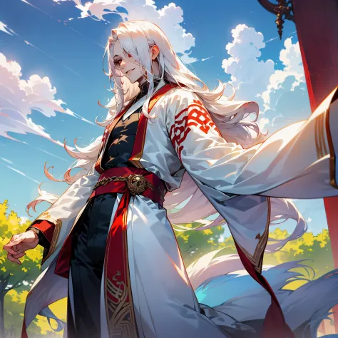 anime - stylistic image of a man with long white hair, man with white long hair standing in the lake and looking at the camera, ...