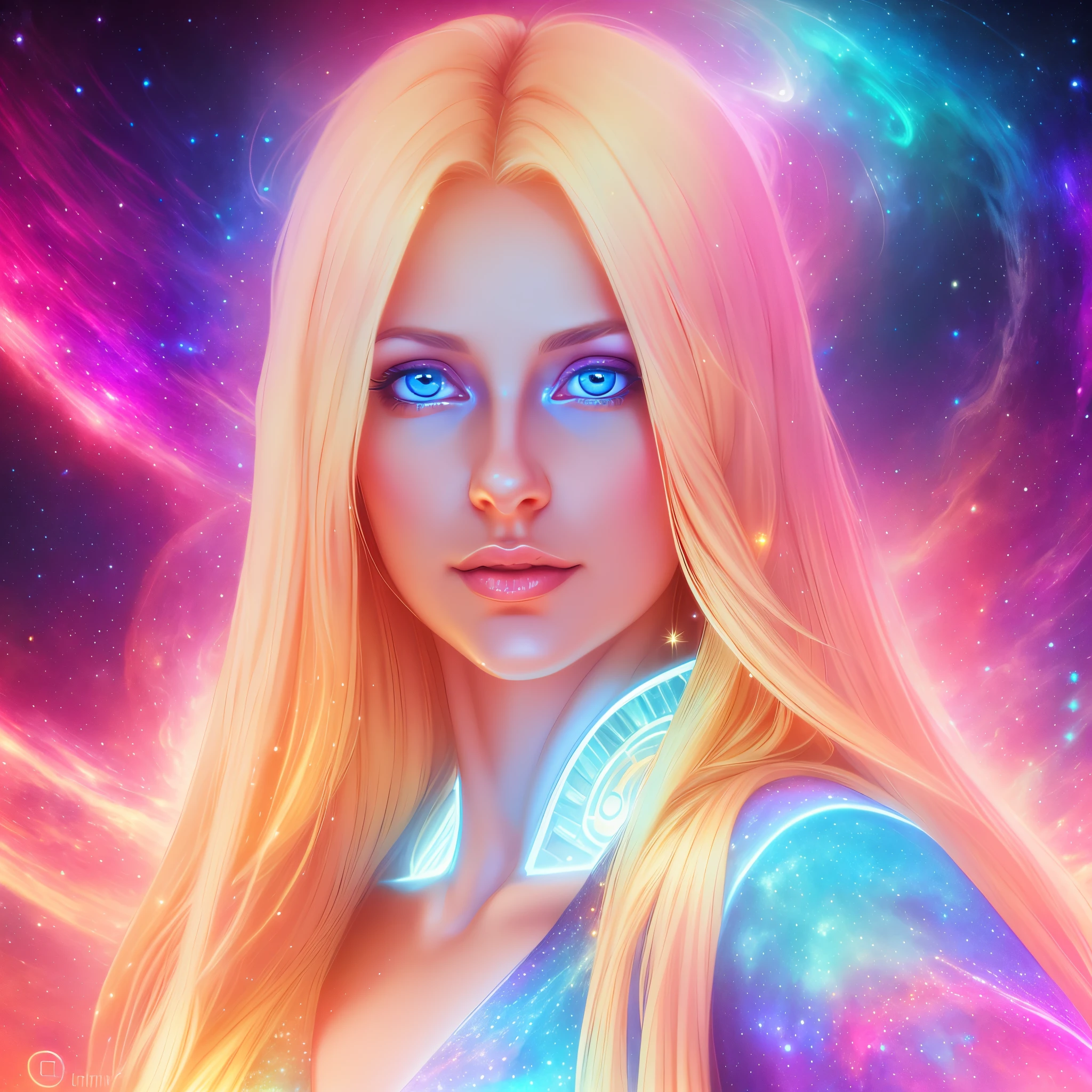 A woman with long blonde hair and blue eyes in a space scene - SeaArt AI