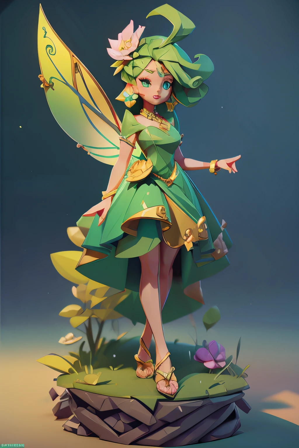 blender, 3d model, low poly geometry, simple, garish colors, fantasy fairy model, long green dress, bare foot