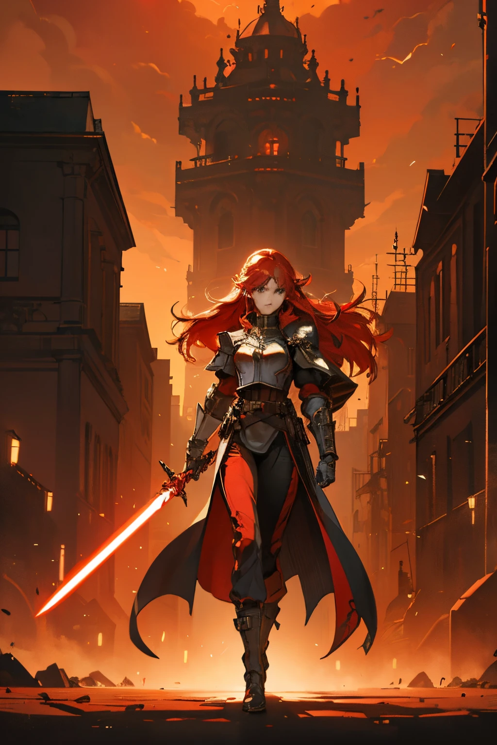 Dark atmosphere, ornament, ornated background, epic movie screenshot wallpaper, red clothes, shimmering shadows, strong colors, candy cotton pastel colors, fullbody of a strong elf woman, reflexive image, red light lightsaber, long hair, loose hair, red voluminous hair, blue eyes, walking through a Medieval city, ornate background with orange and red lights, red armor, tight armor, jedi clothes, tight pants, ink, fantasy00d, monochrome, light_saber, ink, Movie Still, sketch, 1 girl, Holdingsword,fantasy00d,Castlevania Lightning,shinkawa youji