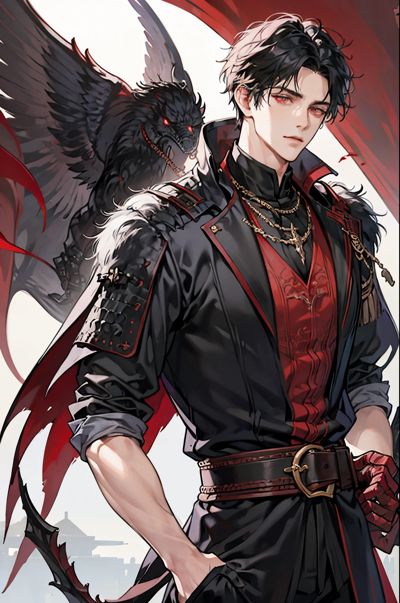 1 male, short messy black hair with bangs, handsome, blood red eyes, detailed eyes, tall and lean body, condescending, arrogant, royalty, tyrannical ruler, wearing black, medieval fantasy, dark souls