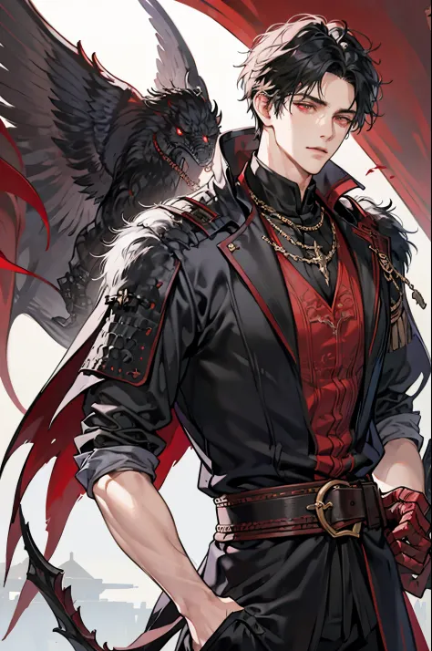 1 male, short messy black hair with bangs, handsome, blood red eyes, detailed eyes, tall and lean body, condescending, arrogant,...