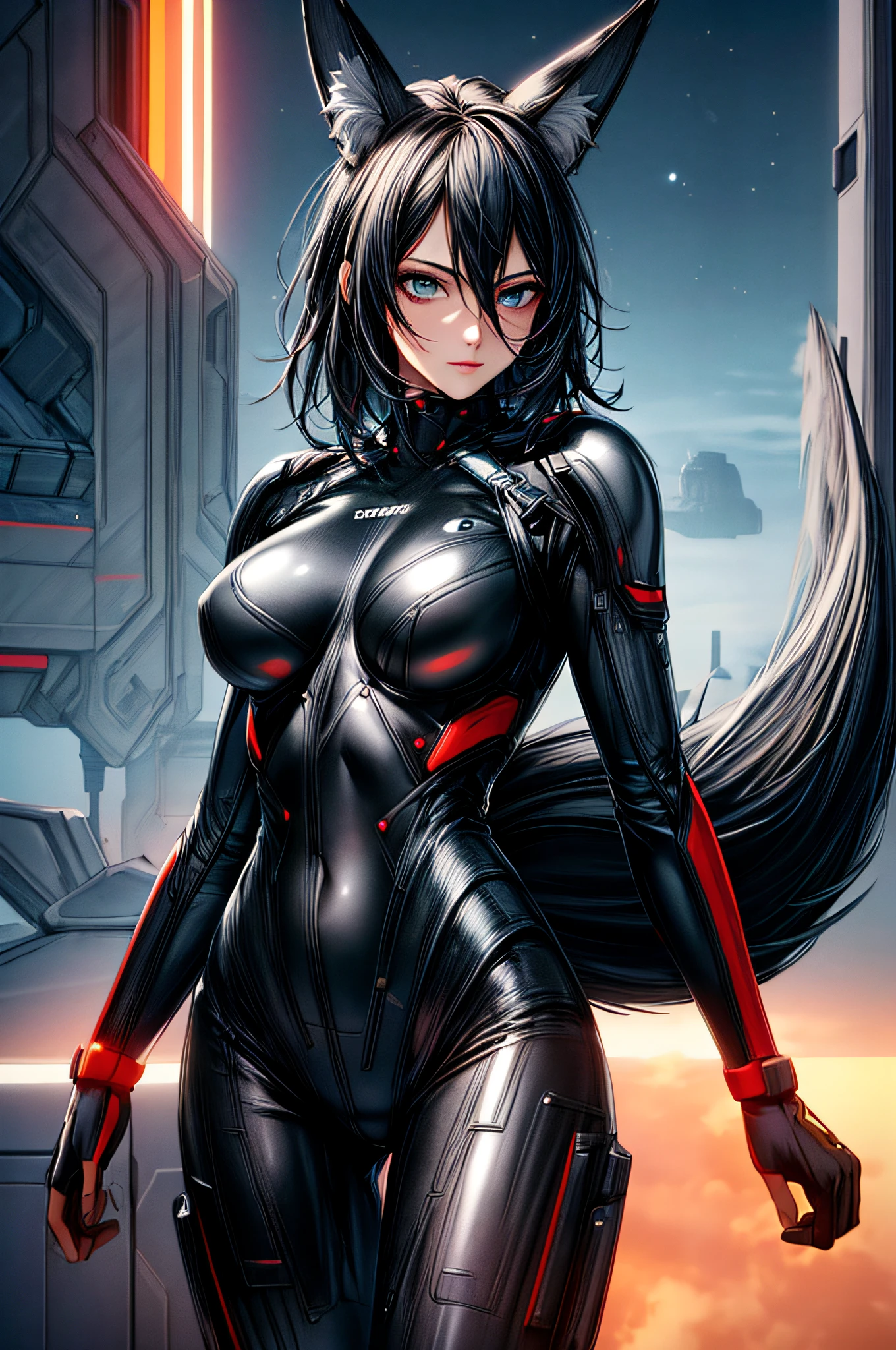 (best quality,4k,8k,highres,masterpiece:1.2),ultra-detailed,(realistic,photorealistic,photo-realistic:1.37),Fox,humanoid,pilot bodysuit,black hair and tail,sci-fi,illustration,sharp focus,vivid colors,HDR,studio lighting,concept artists,neon lights,glowing,night scene,high-tech surroundings,colored reflections,sleek design,metallic texture,reflective surfaces,strong silhouette,confident pose,starship cockpit,starry sky,advanced technolog,lively expression