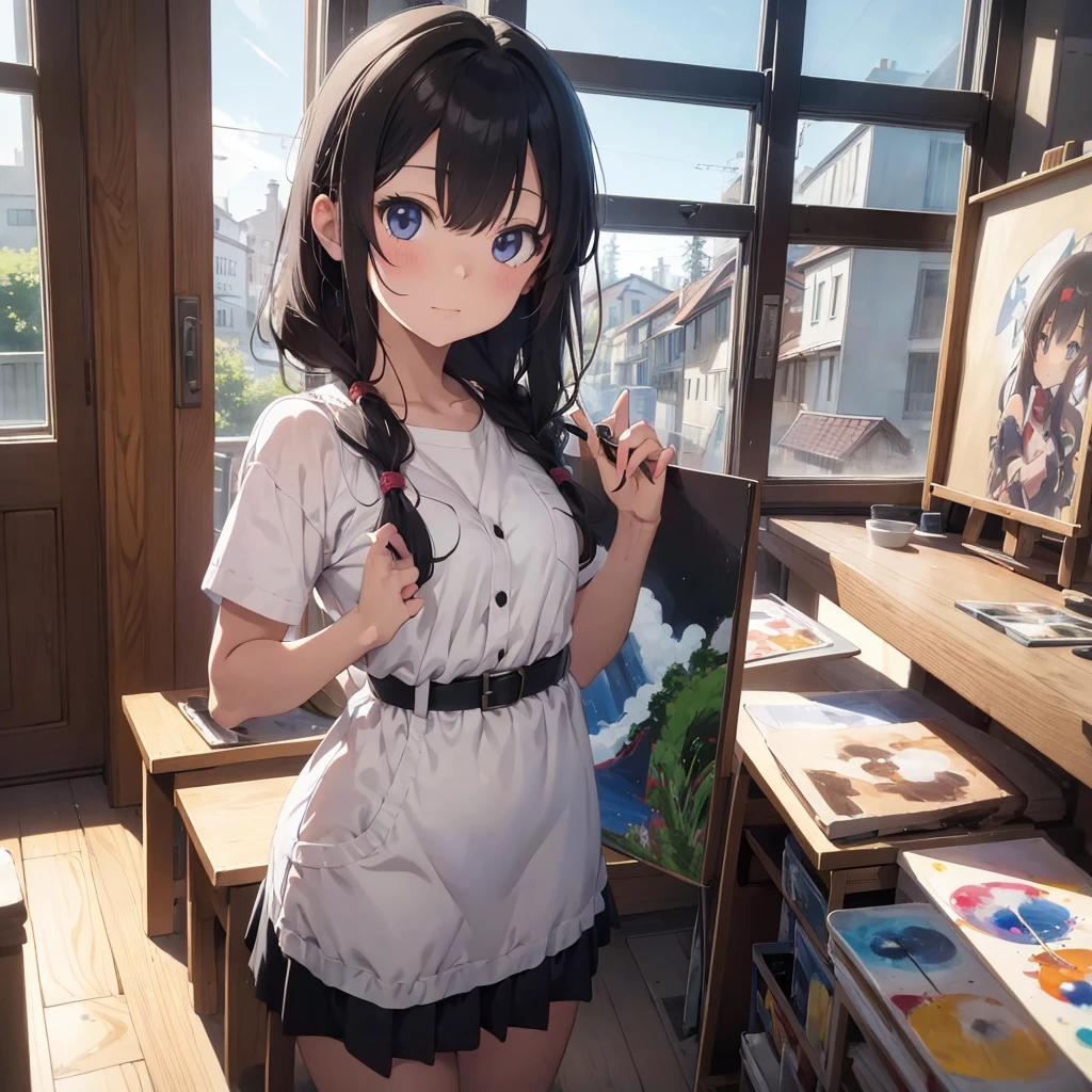 Anime girl with a paintbrush and a painting board in front of a window,  gemalt im Anime Painter Studio, realistic cute girl painting, beautiful  anime portrait, Anime. Sanftes Licht - SeaArt AI