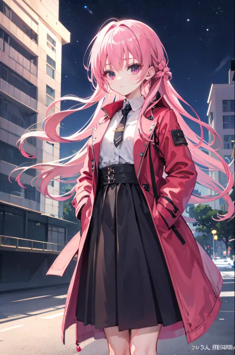 mitsukasa ayas，1个Giant Breast Girl，with pink hair，nightcity，Sateen，coat large，Put your hands in your pockets