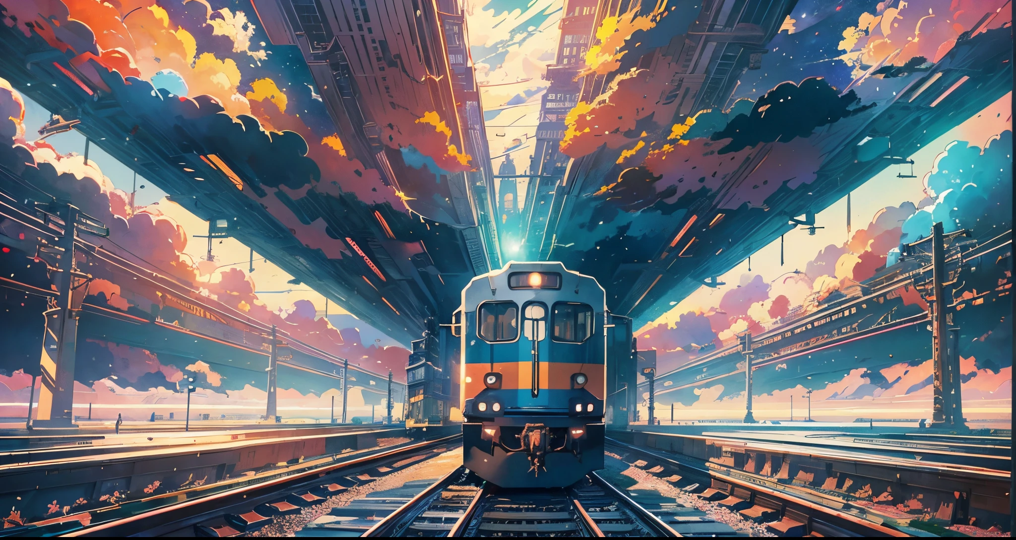 Obra de arte, altamente detalhado, arte conceitual, centrado, tiro médio, um trem que está parado em um trilho, por Makoto Shinkai, deviantart, arte espacial, texto do cabeçalho”, cores caleidoscópicas, (composição épica, proporção épica), alta definição