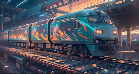 masterpiece, highly detailed, concept art, centered, medium shot, a train that is sitting on a train track, by Makoto Shinkai, d...