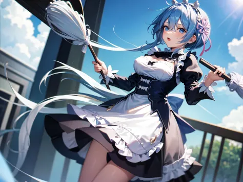 #anime #character furina wear rem's maid clothes and holding a mop in manion