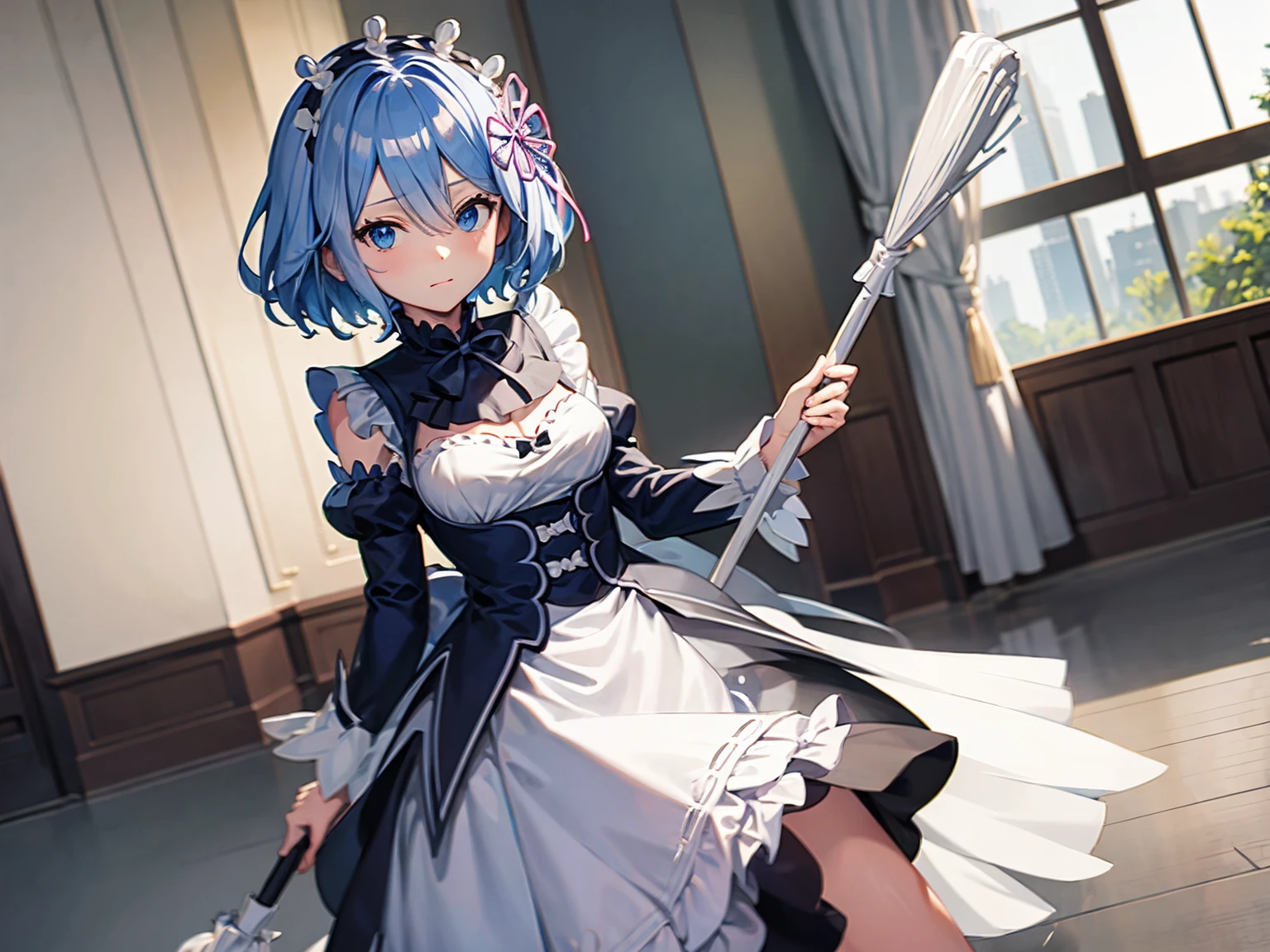 #anime #personagem furina usa roupas de empregada de rem e segura um esfregão em manion