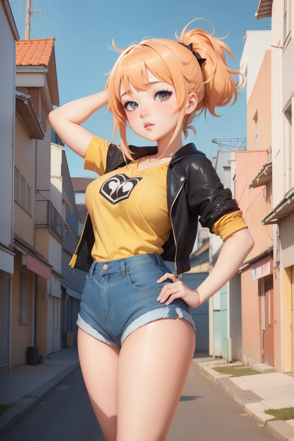 A woman in a yellow shirt and blue shorts posing for a picture - SeaArt AI