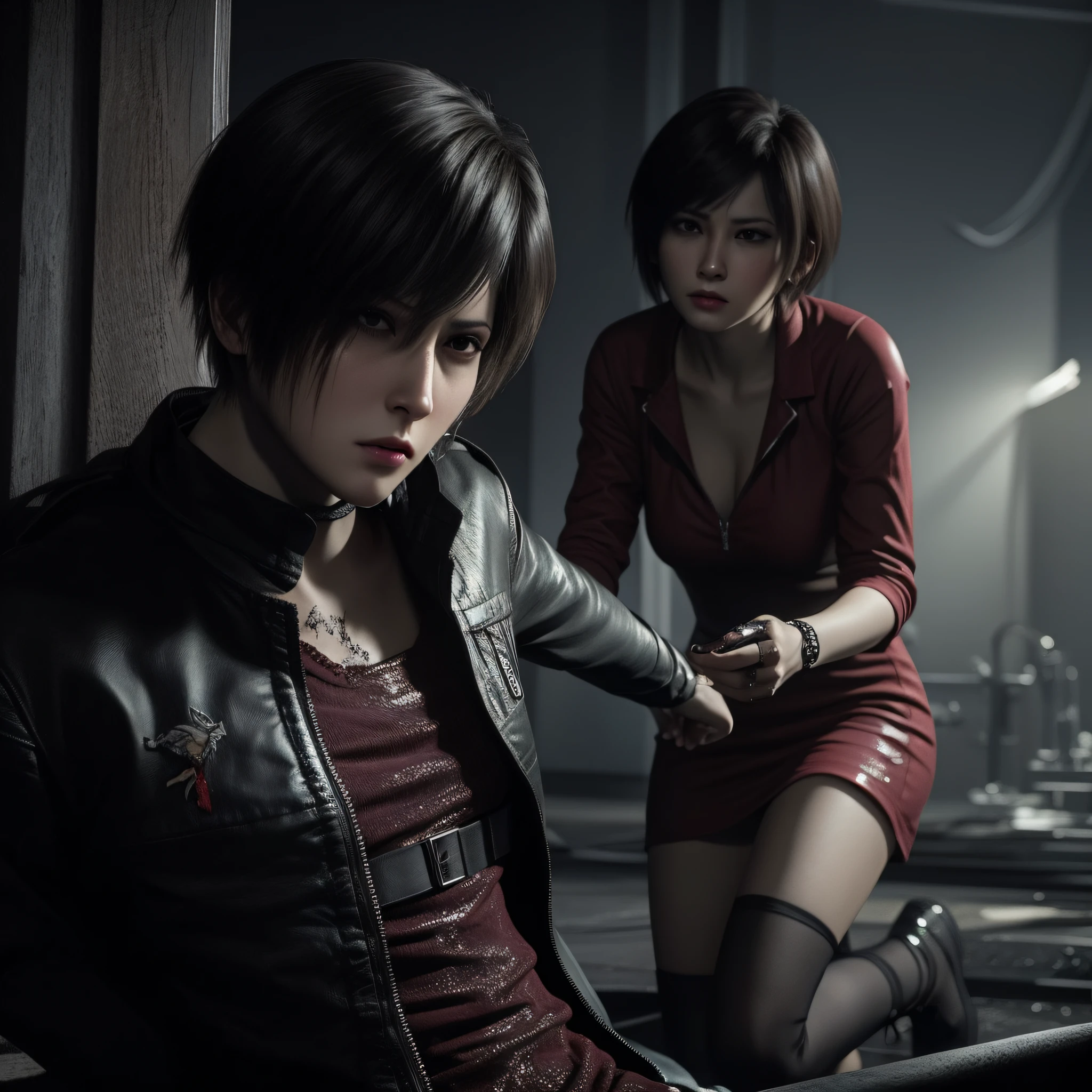 Woman, Ada wong, sad expression, wearing mini reddress, black nails polish, cry