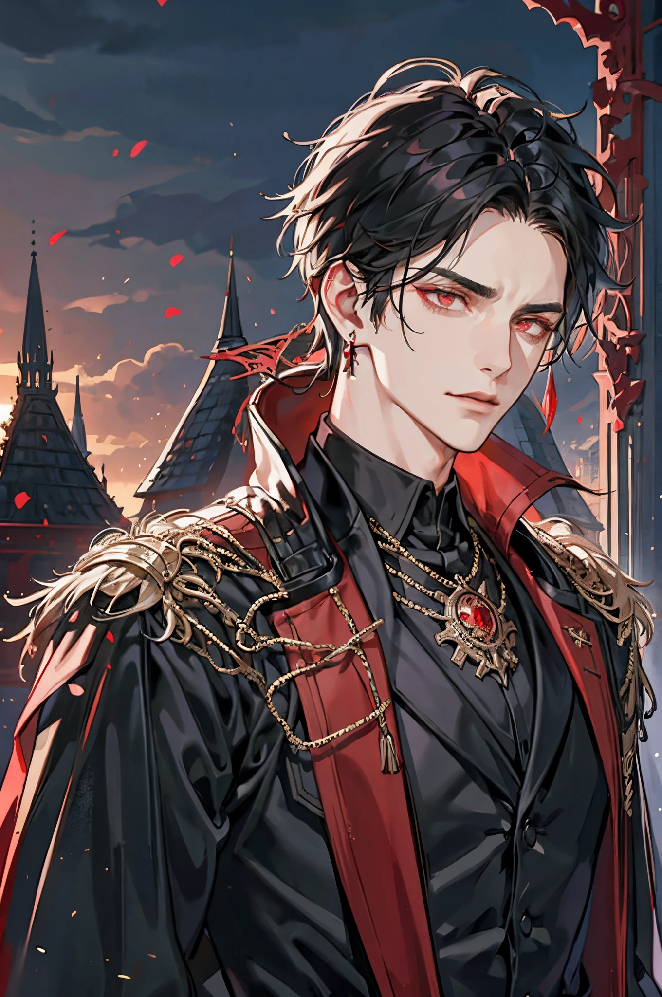 1 male, adult, adult face, short messy black hair , handsome, beautiful, blood red eyes, detailed eyes, condescending, arrogant, royalty, tyrannical ruler, dark souls, close up, condescending, medieval castle background,  earrings, smirk