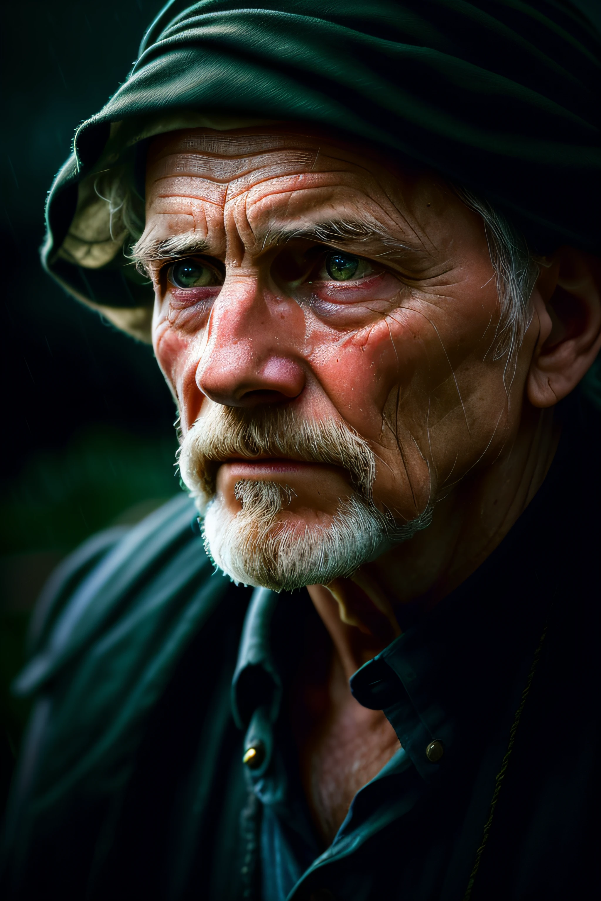 (sharp focus:1.2), an award winning photo of an old man peasant, water droplets, thunderstorm outside, lightning back lighting, , lines on face, wrinkles, extremely detailed skin, sadness, hopelessness ,cloudy eyes, (deep shadows:1.1), high contrast, beautiful eyes, absurdres, 8k, (high quality:1.3), , artstation hd, concept art, detailed face and body, award-winning photography, (moody lighting:1.2), depth of field, bokeh, 4K, HDR