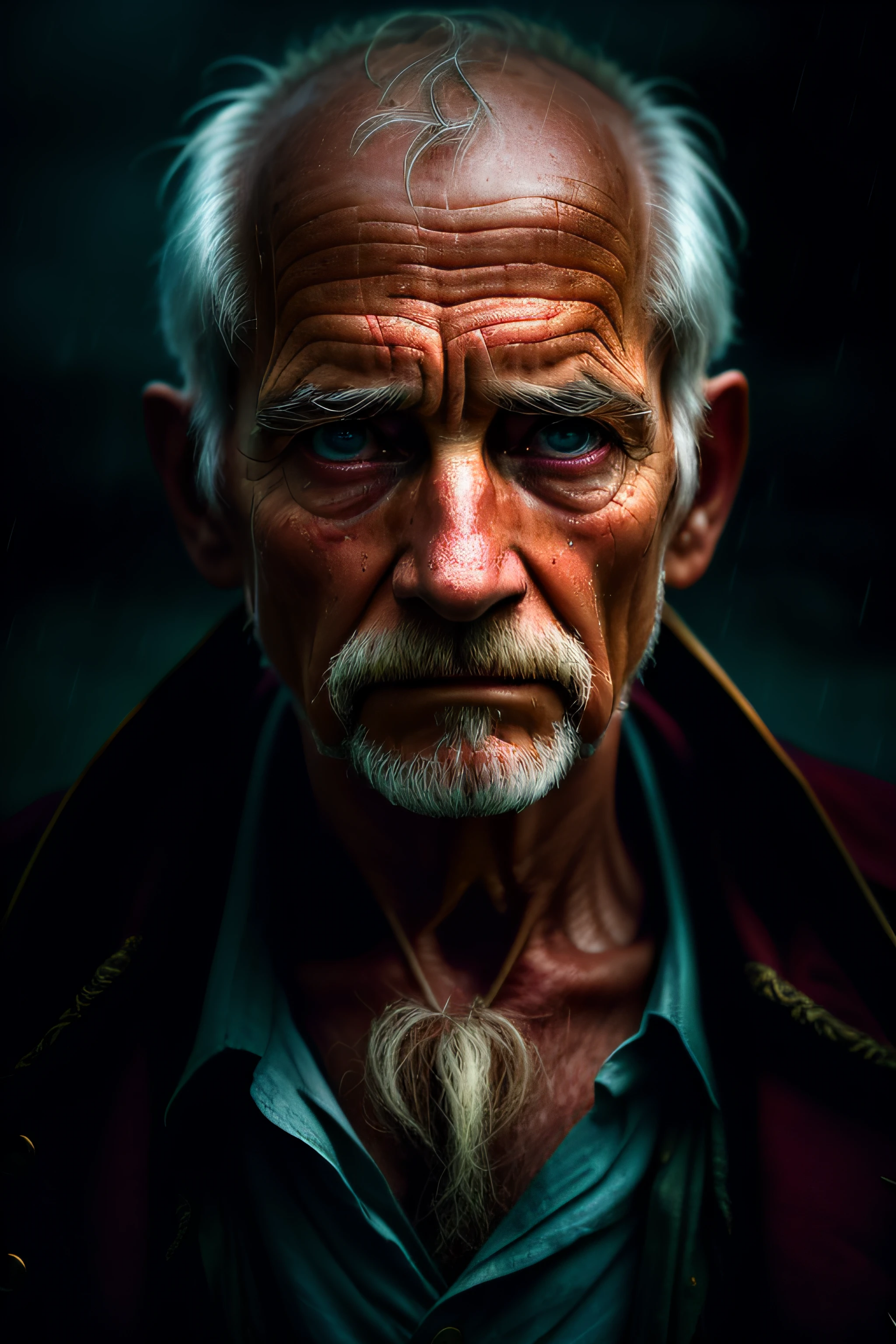 (sharp focus:1.2), an award winning photo of an old man peasant, water droplets, thunderstorm outside, lightning back lighting, , lines on face, wrinkles, extremely detailed skin, sadness, hopelessness ,cloudy eyes, (deep shadows:1.1), high contrast, beautiful eyes, absurdres, 8k, (high quality:1.3), , artstation hd, concept art, detailed face and body, award-winning photography, (moody lighting:1.2), depth of field, bokeh, 4K, HDR