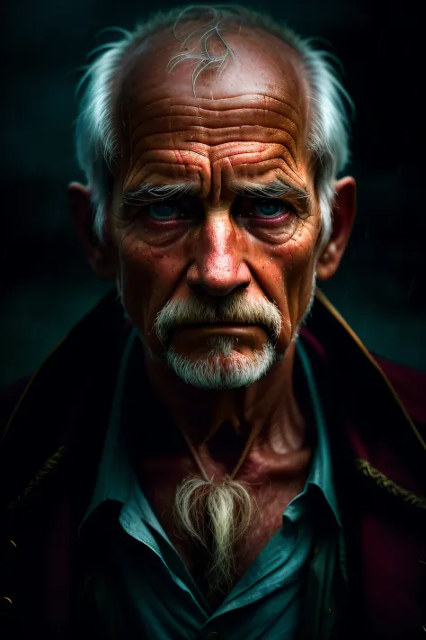 (sharp focus:1.2), an award winning photo of an old man peasant, water droplets, thunderstorm outside, lightning back lighting, ...