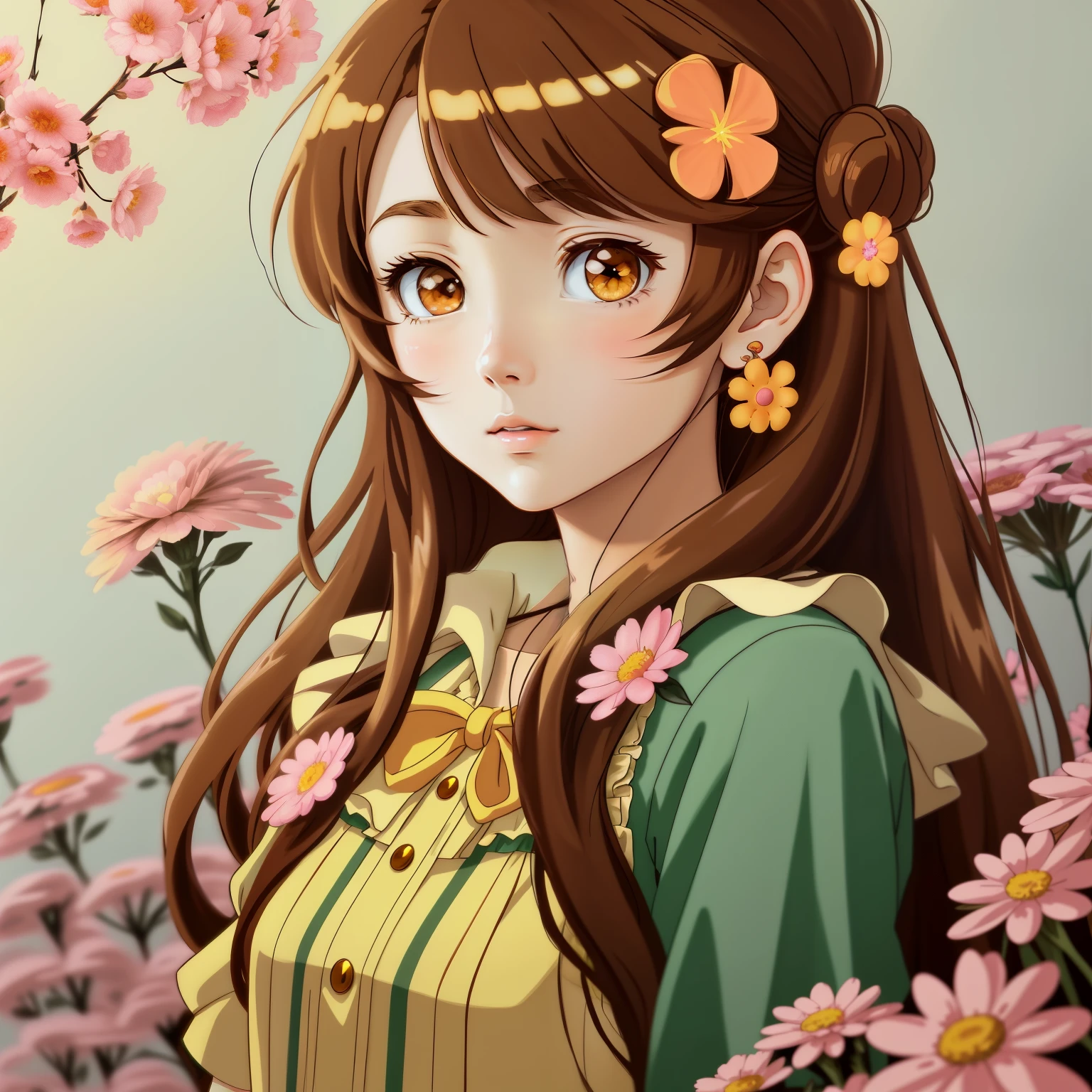 golden brown eyed anime girl with brown hair and flowers、retro anime girl、anime style portrait、Lori、Anime Art Style、kawaii realistic portrait、pretty anime girl、classic girl、pretty anime girl、Anime-style illustrations、beautiful anime art style、Realistic anime art style、High quality anime art style、digital anime art!!,Anime Art Style、Anime Realism Style