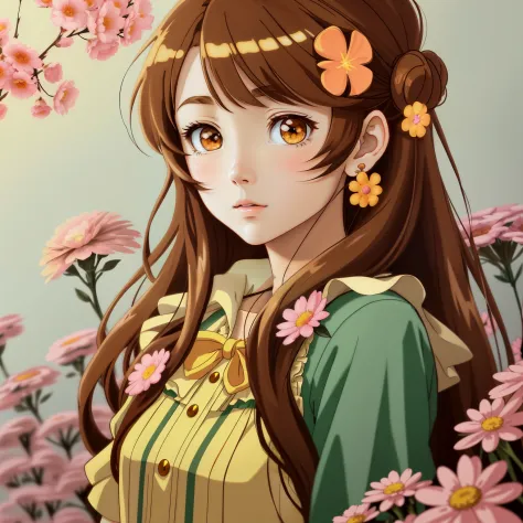 golden brown eyed anime girl with brown hair and flowers、retro anime girl、anime style portrait、lori、anime art style、kawaii reali...