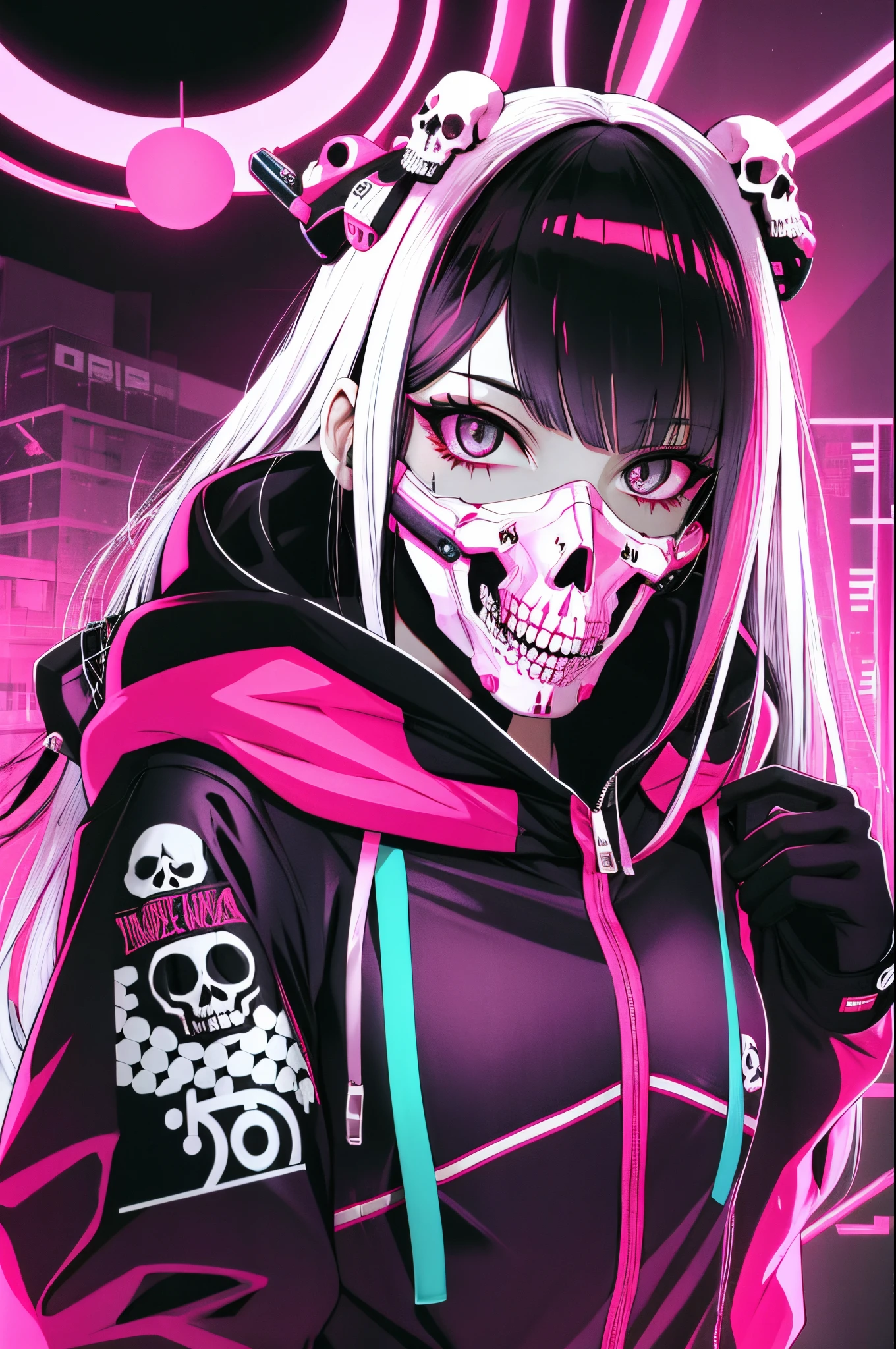 1girl, sozinho, WMASK, Olhando para o Viewer, cabelos longos, skull, parte superior do corpo, cabelos pretos, mouth mask, propriedade, olhos azuis, mangas compridas, Hood, fundo cor-de-rosa, holding skull, Halftone, cabo,neon lights,(Cyberpunk:1.2),