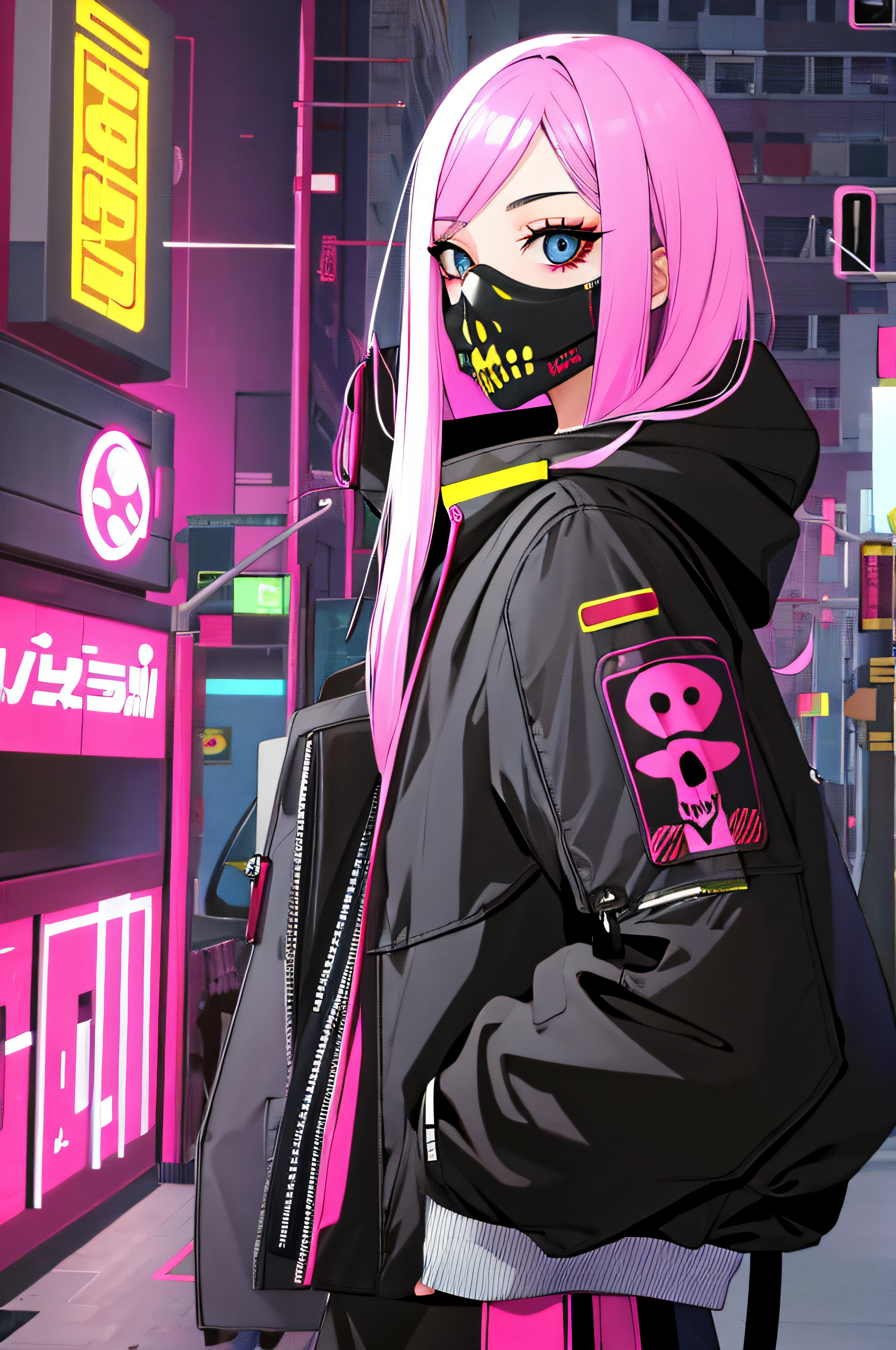 1girl, sozinho, WMASK, Olhando para o Viewer, cabelos longos, skull, parte superior do corpo, cabelos pretos, mouth mask, propriedade, olhos azuis, mangas compridas, Hood, fundo cor-de-rosa, holding skull, Halftone, cabo,neon lights,(Cyberpunk:1.2),