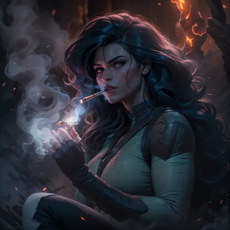 she-hulk, from marvel, sitting in a dark cave, smoking a pipe, illuminated by the embers, ethereal smoke curls, fantasy, hyper-d...