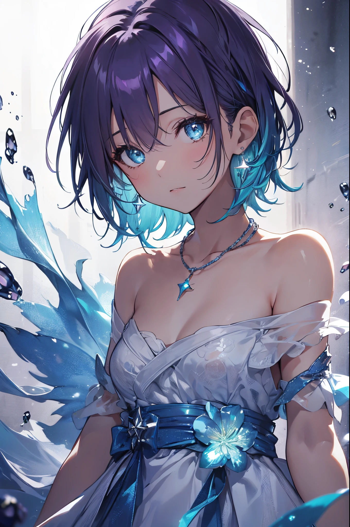 ​masterpiece, top-quality, illustratio, Saxophone Blue, Platinum Earrings, Platinum Necklace, white dres, 1girl, cute little, (Dynamic lighting:1.2), lighting like a movie, delicated facial features, A detailed eye, Sharp pupils, Realistic pupils, depth of fields, bokeh dof, sharp focus, (Ultra-detail, Bloom, Glow:1.4), Many Small Gems, looking at the viewers、happiness、Toru Asakura、blue hairs、earrings、gradation hair、multi color hair、Parted bangs、Purple hair、The upper part of the body、Extreme close-up view、HDR、uhd、8k、Glowing eyes,　starrysky、sparkling pupils, short cut hair、