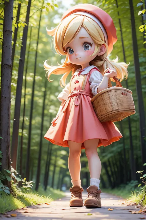 A cute blonde-haired girl with a red cap is walking along a sunny forest path, dressed in a peasant dress and apron. She is wear...