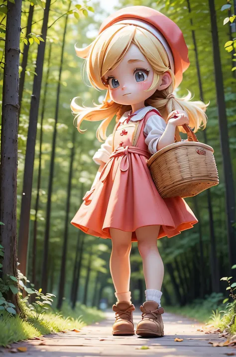 a cute blonde-haired girl with a red cap is walking along a sunny forest path, dressed in a peasant dress and apron. she is wear...