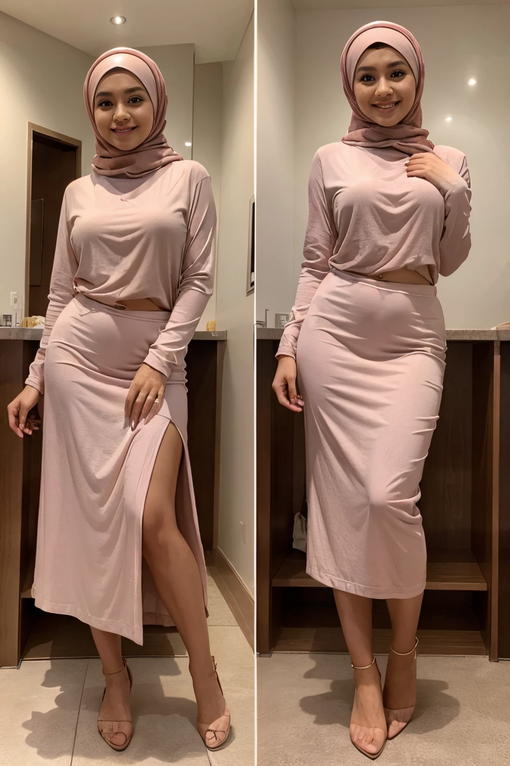little hijab girl in satin clothes tight short