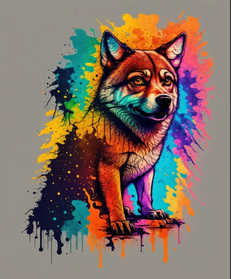 (close up fotografia de um lobo), T-shirt logo in colorful tapered thin outline style, spelling view, arte em (fundo vazio:1.4)Hands,
