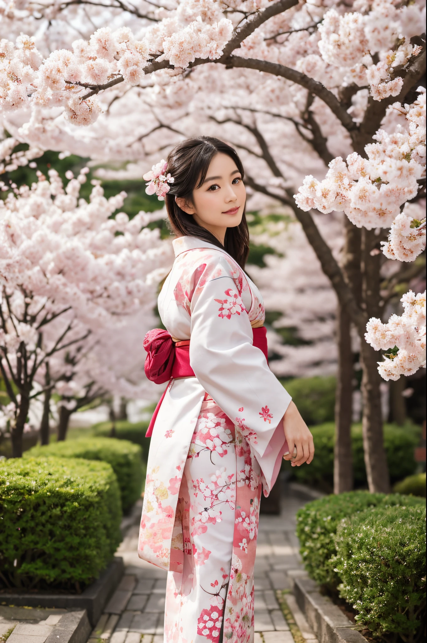 8k, highest quality, ultra details, Yuki, traditional Japanese kimono, gracefully posing in a serene garden adorned with cherry blossoms.