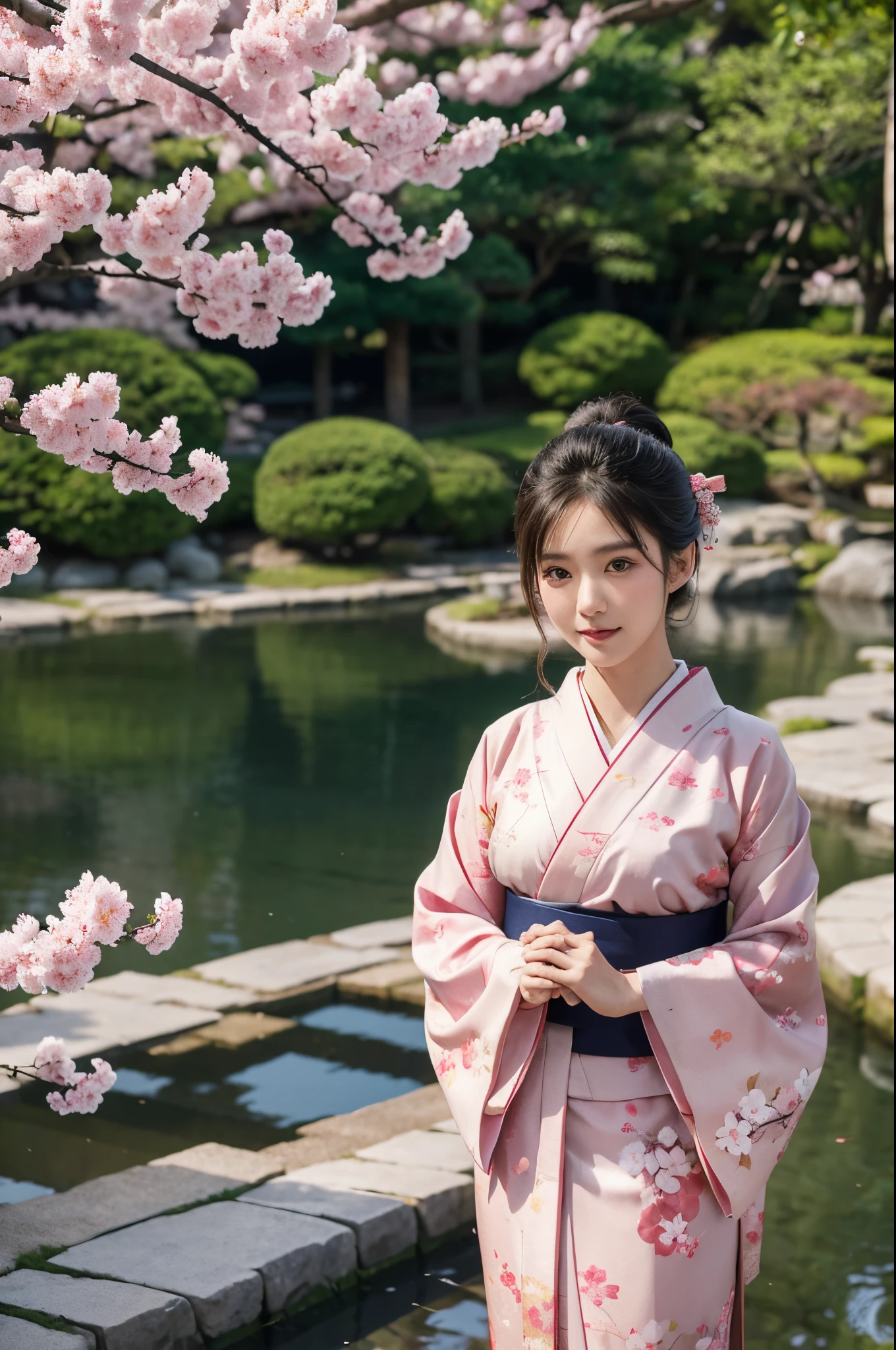 8k, highest quality, ultra details, Yuki, traditional Japanese kimono, gracefully posing in a serene garden adorned with cherry blossoms.