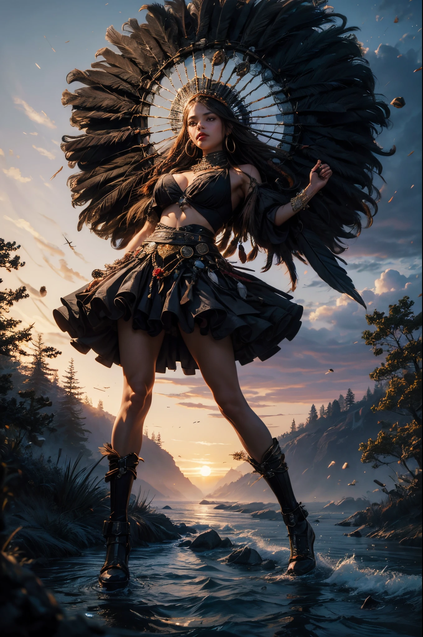 (full body), solo, detailed background, detailed face, wise, (female), (native american), (beautiful hair, braids:0.2), mystical, (gorgeous face), stunning, (eyes open, serene expression), , leather frayed clothes, prayer beads, dreamcatcher, tribal jewelry, feathers in hair, headdress:0.33, amethyst, obsidian, detailed clothing, extravagant clothing, cleavage, realistic skin texture, (floating particles, trees, nature, ritual, whirlwind, wind:1.2), sharp focus, volumetric lighting, good highlights, good shading, subsurface scattering, intricate, highly detailed, ((cinematic)), dramatic, (highest quality, award winning, masterpiece:1.5), (photorealistic:1.5), (intricate symmetrical warpaint:0.5),