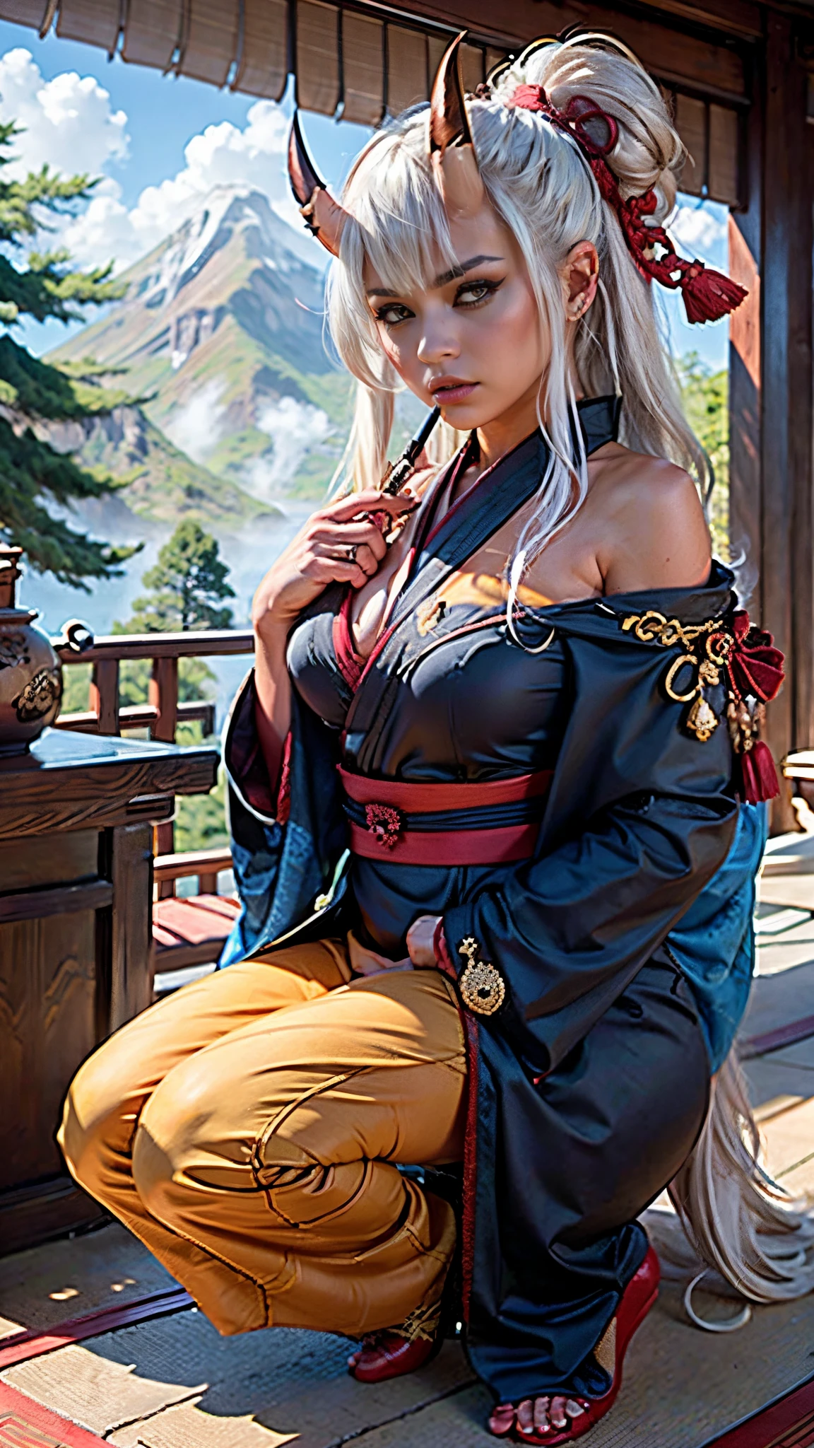 Masterpiece, highlydetailed, Hyperrealistic, HD, fullbodyshot of a  squatting beautiful red oni woman muscular warrior with long_white_hair, oni_horns, wearing a yellow_tiger_patern_oni outfit and falloff shoulders_kimono, curvy and thick body,
carrying on her shoulder a massive weapon AND smoking_pipe, wearing Japanese hight footwear , perfect face features, perfect body shape, body