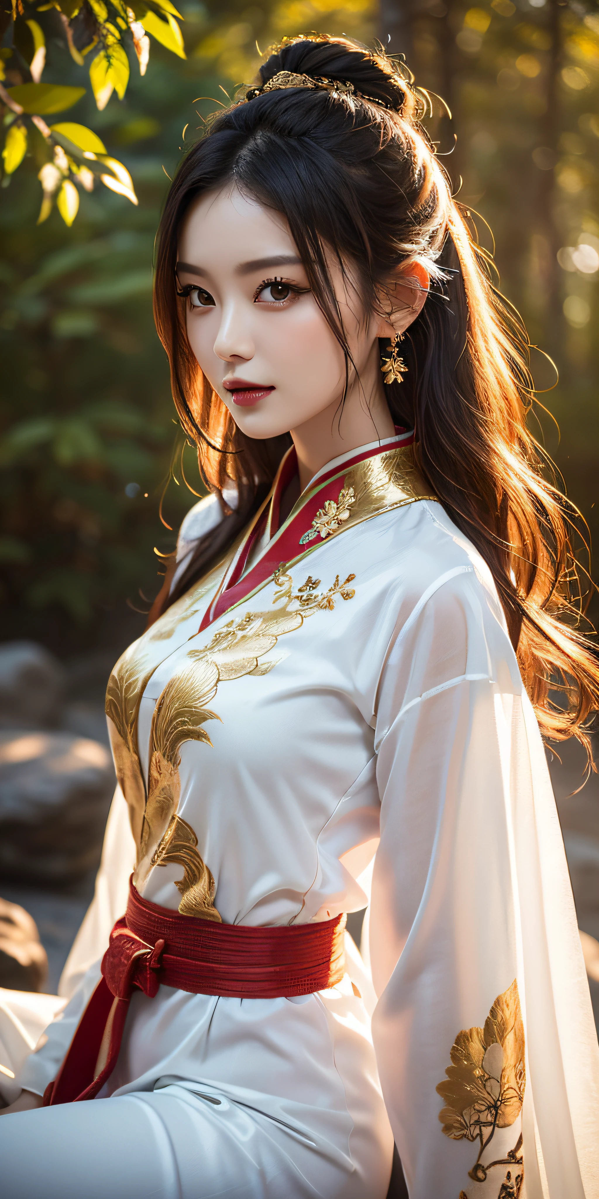 Beautiful woman, Chinese martial arts, martial arts expert woman, 26 years old adult, slim body, medium chest, height 170cm, tall sexy woman, Chinese traditional dress, fabric high-quality silk, fabric ultra-high quality, lots of light reflection, white collar with red lining This is a long dress, ornate phoenix embroidery with gold thread, golden decorations on a black belt, long hair, black hair, a beautiful face, heavy makeup, dark lipstick, cold scary eyes with blue light flowing through them, sharp eyes, looking at the viewer. A beautiful smile, elegant hair blowing in the wind, very weak waves, deep blue autumn sky, portrait pose, sitting woman, view from head to waist, Chinese woman resting while sitting on a rock in the forest, UHD, ccurate, masterpiece, anatomically correct, textured skin, super detail, high details, high quality, best quality, highres, 4K