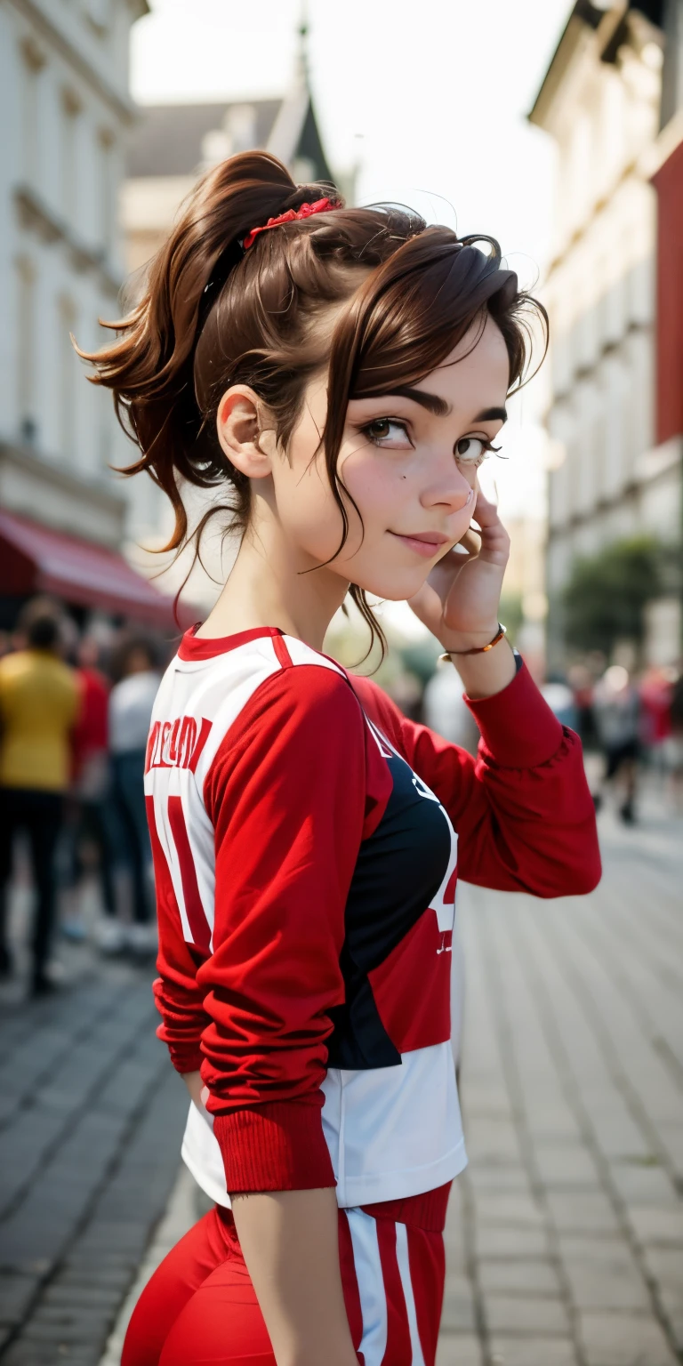 Photo of a 15-year-old European girl, .RAW, beautiful woman, (Light brown hair with ponytail hairstyle ), Ponytail hairstyle ((portrait)), ((detailed face:1.2)), ((detailed facial features)), (finely detailed skin), red basketball uniform , red and white band around the head, sports shoes with freckles on cheeks and chest ,park, london ferris wheel、revealing clothing , erotic clothes、big breasts , big breasts , big smile (cool color), humid, humid, Reflectors, (Tabletop) (perfect proportions)(Realistic photos)(The best quality) (detailed) photographed with a Canon EOS R5, 50mm lens, f/2.8, NffSW, (8k) (wallpaper) (cinematic lighting) (Dramatic lighting) (sharp focus) (Convoluted) ,  Whole body, beautiful woman body , game pose