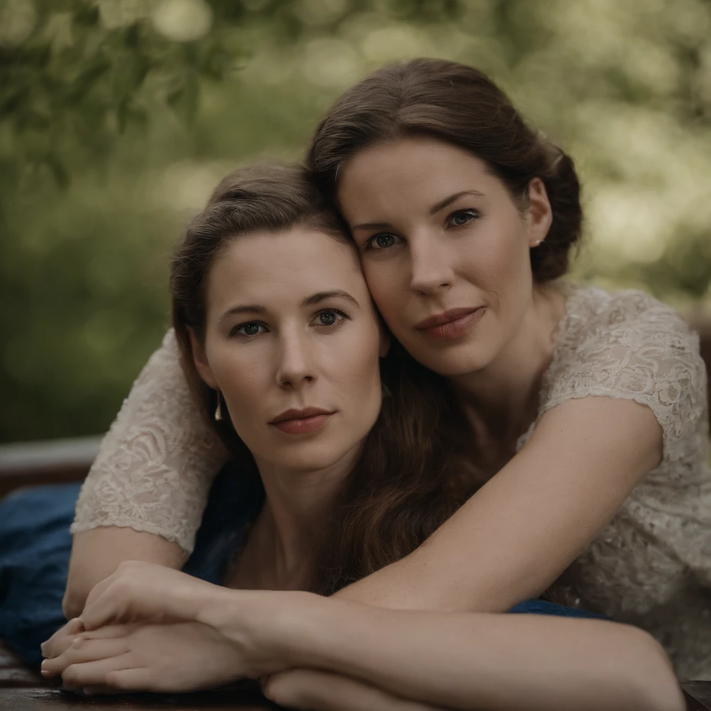 Two women sitting on a bench with their arms around each other - SeaArt AI