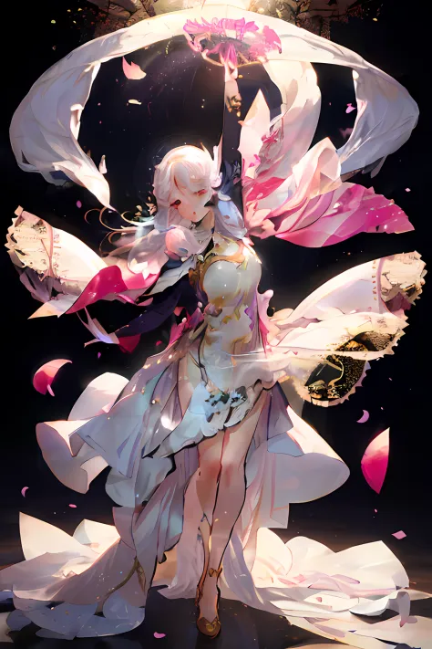 anime girl in a white dress with a pink and gold dress holding a fan, guweiz on pixiv artstation, guweiz on artstation pixiv, gu...