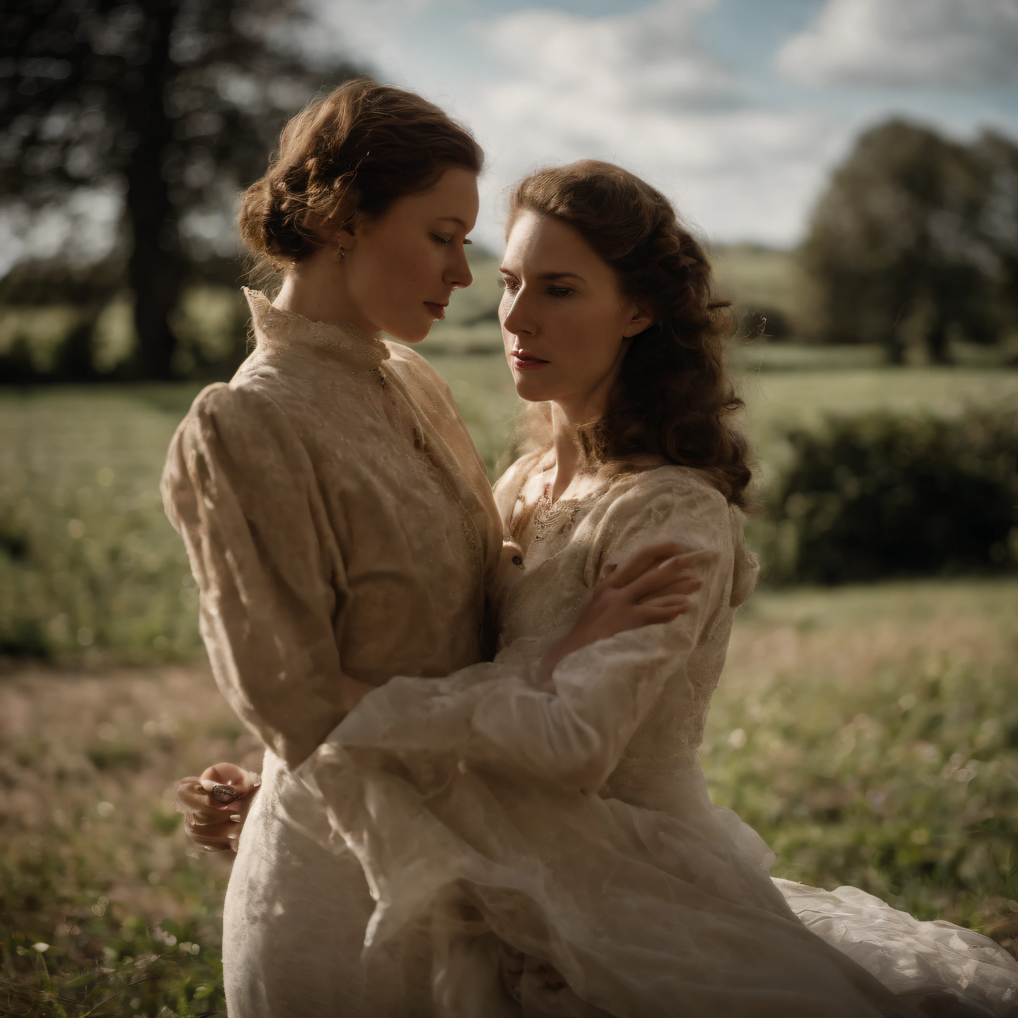 Two women in period dresses are sitting in a field - SeaArt AI